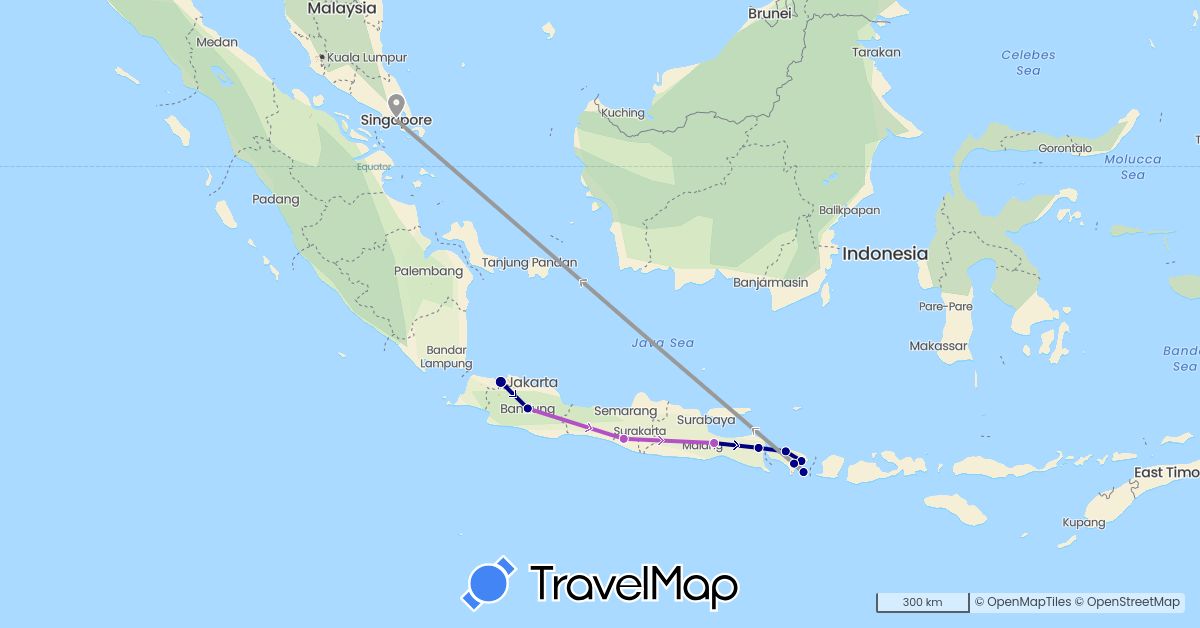 TravelMap itinerary: driving, plane, train in Indonesia, Singapore (Asia)